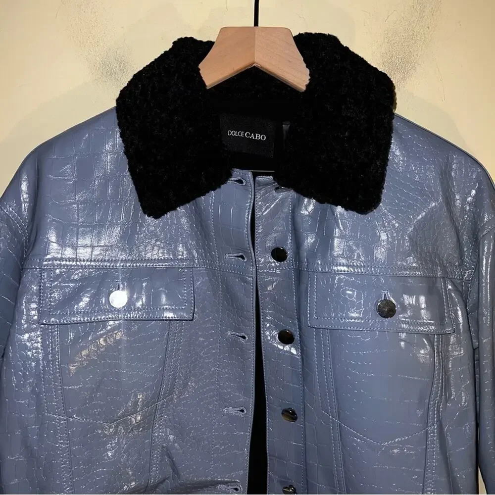 DOLCE CABO Womens Aviator Jacket Medium Blue Patent Leather Bomber Sherpa Y2k S - Picture 4 of 8